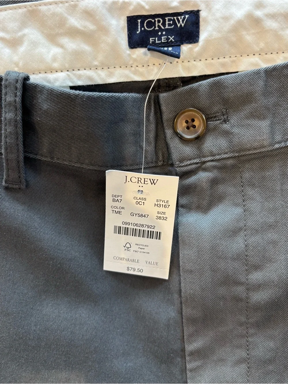 J Crew Flex Slim Fit Men’s Chino Pants 38/32 Grey